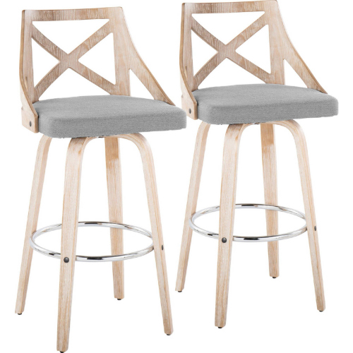 Charlotte 30" Swivel Bar Stool in White Washed Wood & Light Grey Fabric & Chrome (Set of 2)